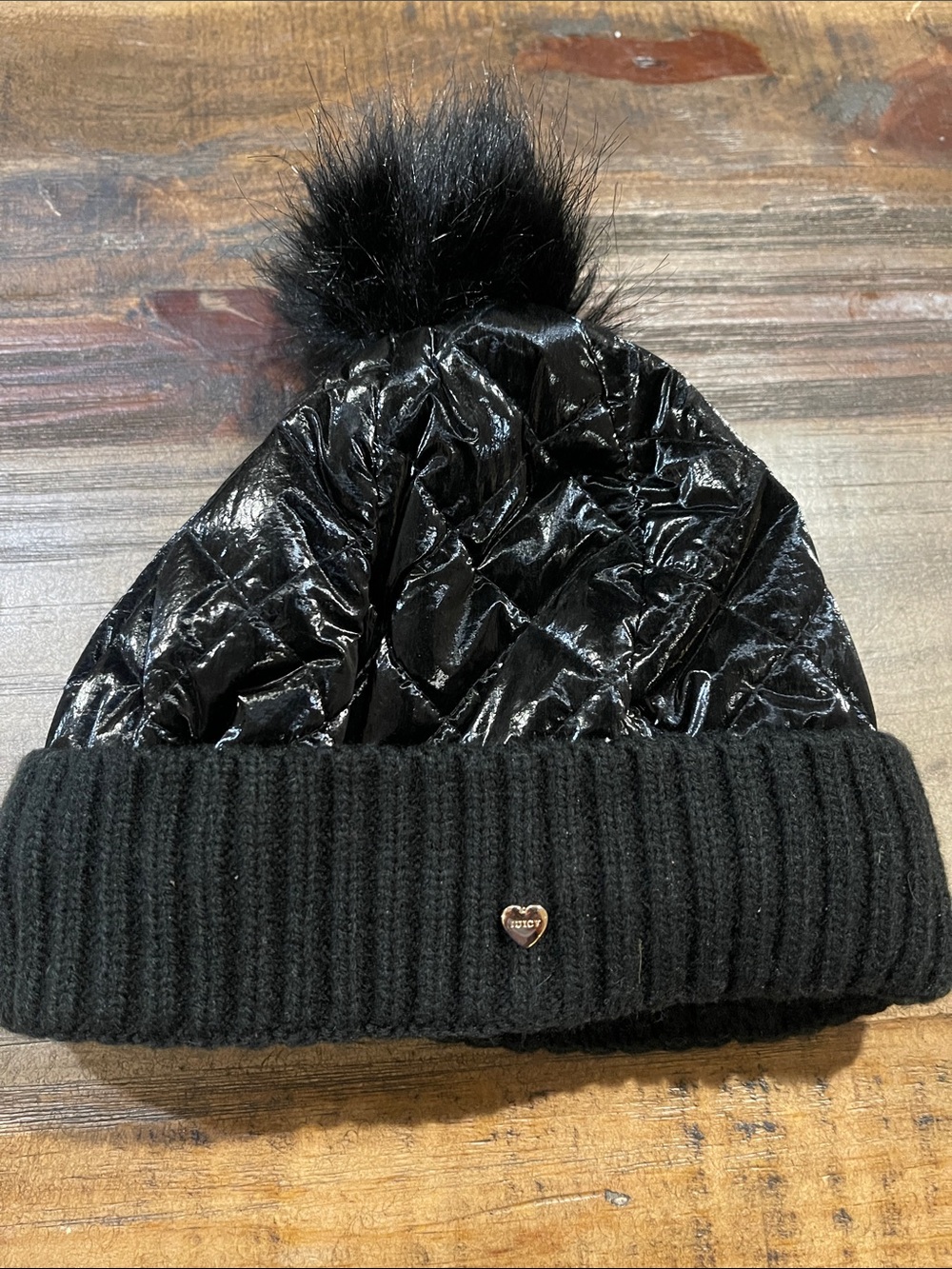 Juicy Couture Black Quilted Shine Pom-Pom Beanie